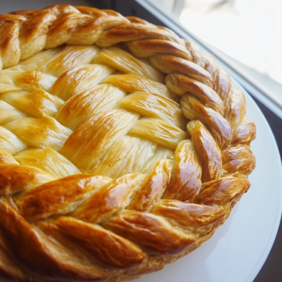 Intricate braided dough strips create a decorative Fishtail Braid Pie Crust edge on a homemade dessert