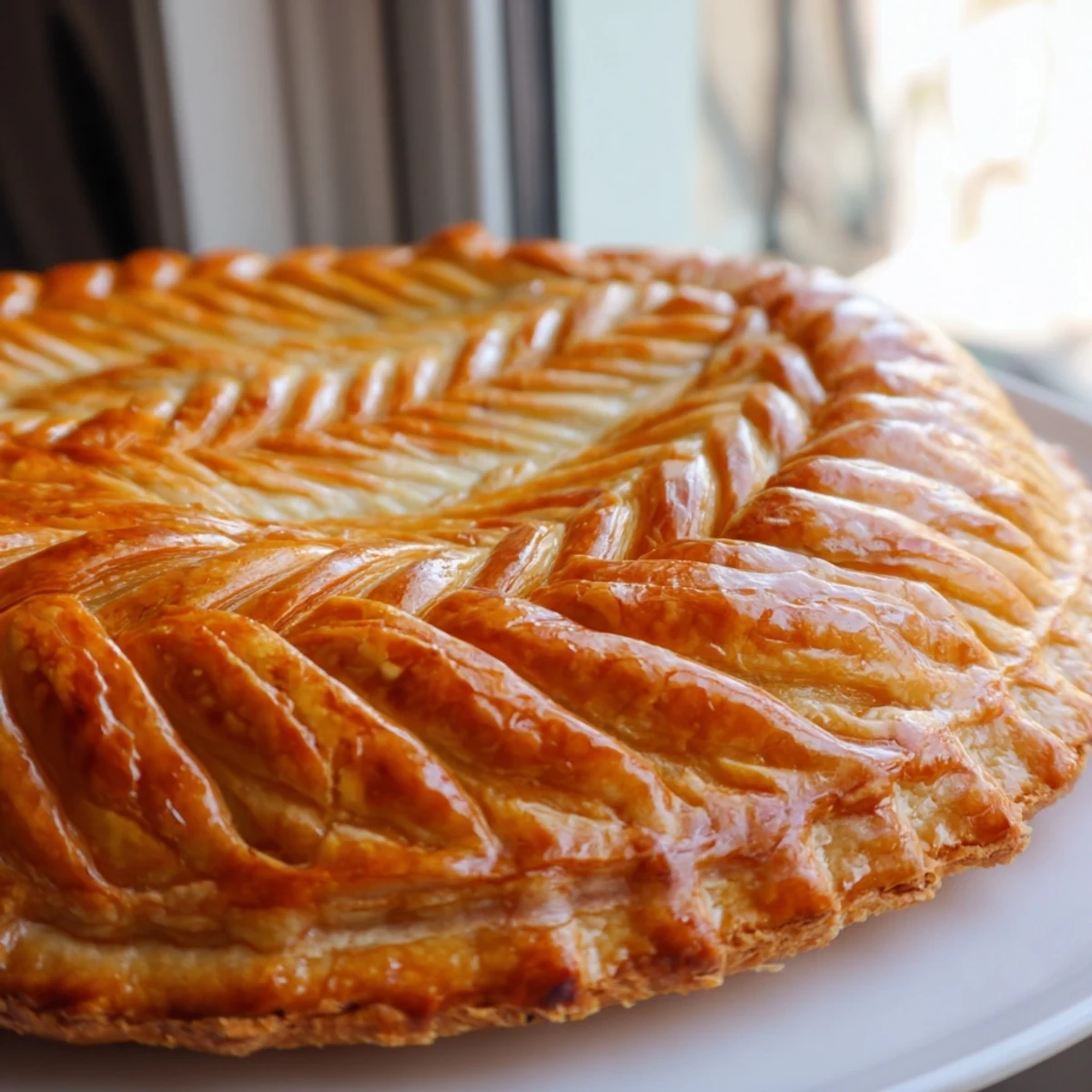 Close-up of woven Fishtail Braid Pie Crust bordering a golden pastry with detailed texture