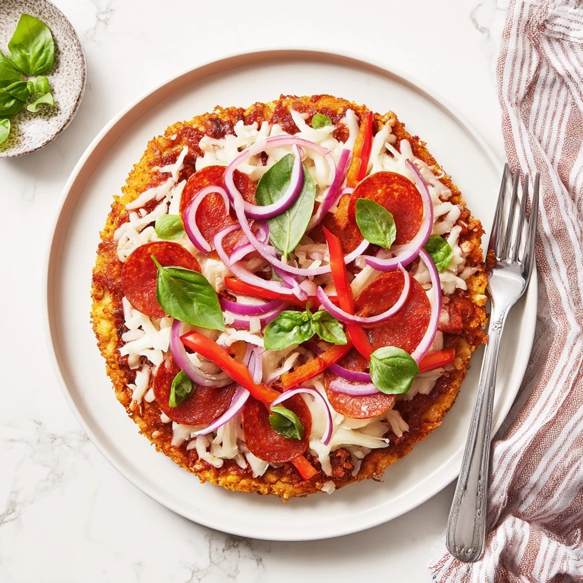 Golden crispy chicken crust pizza loaded with melted mozzarella and vibrant pepperoni toppings