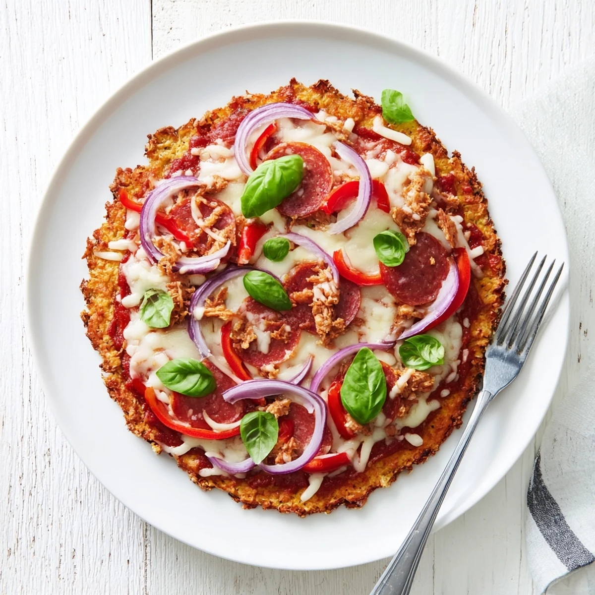 Gluten-free chicken crust pizza baked to perfection with bubbling cheese and fresh basil garnish
