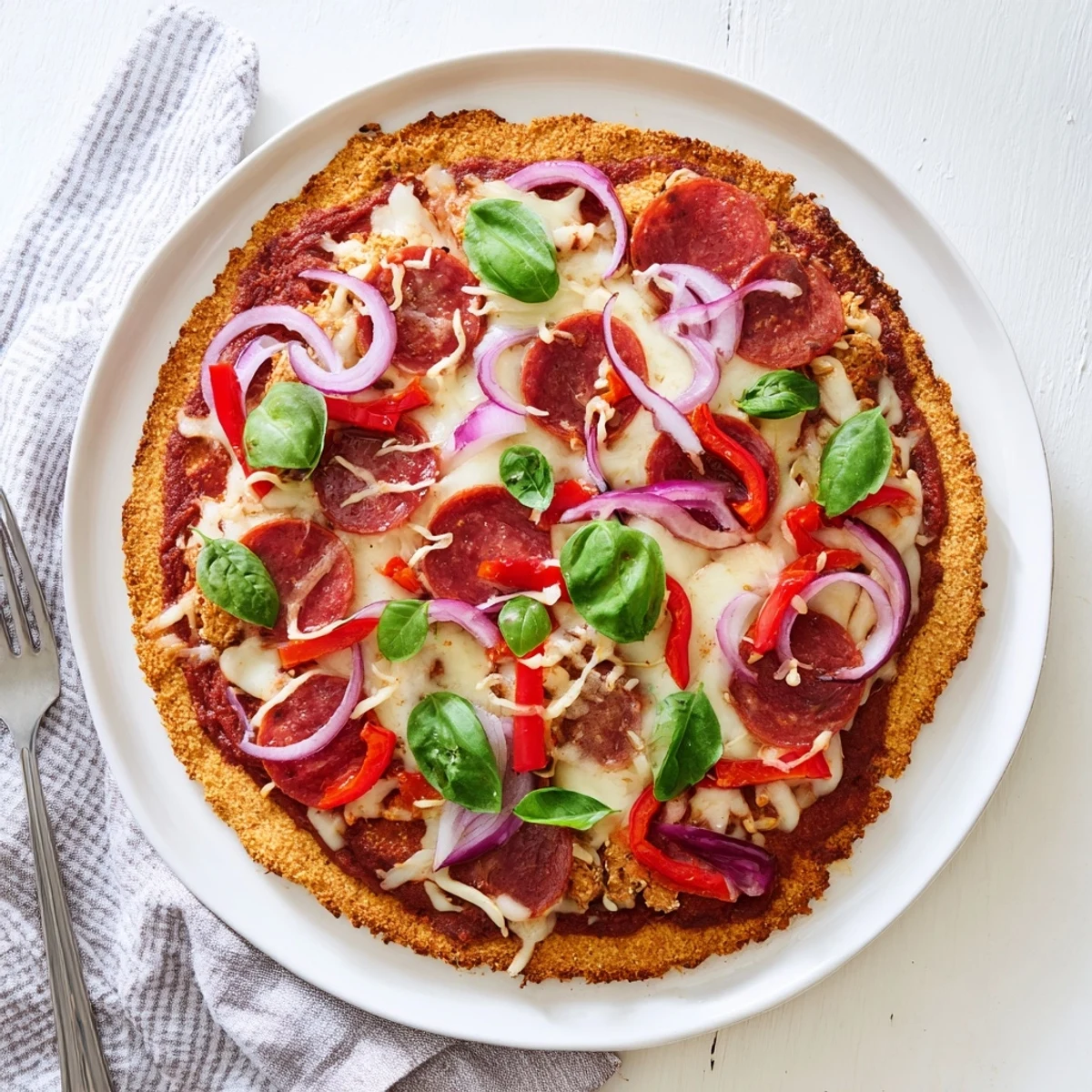 Savory crispy chicken crust pizza featuring colorful vegetables and gooey mozzarella cheese atop golden base