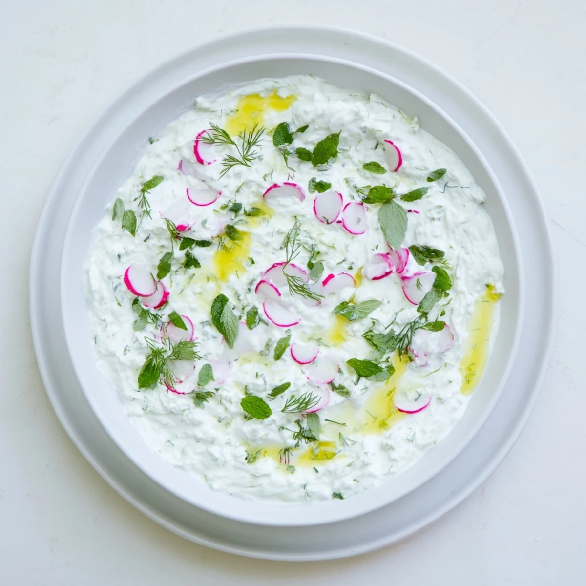 Creamy healthy radish tzatziki dip topped with fresh dill and olive oil drizzle