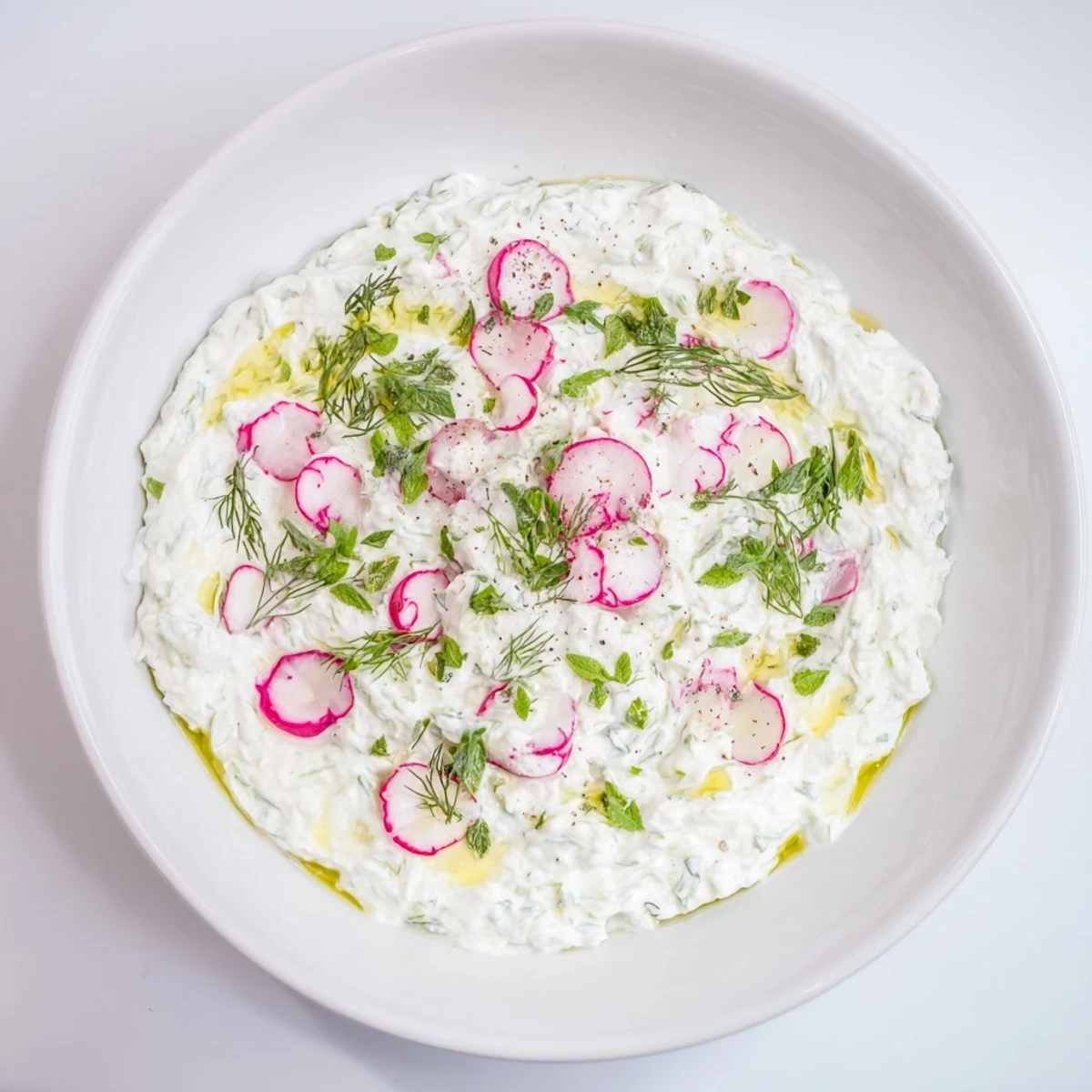 White bowl of healthy radish tzatziki dip garnished with mint and served chilled