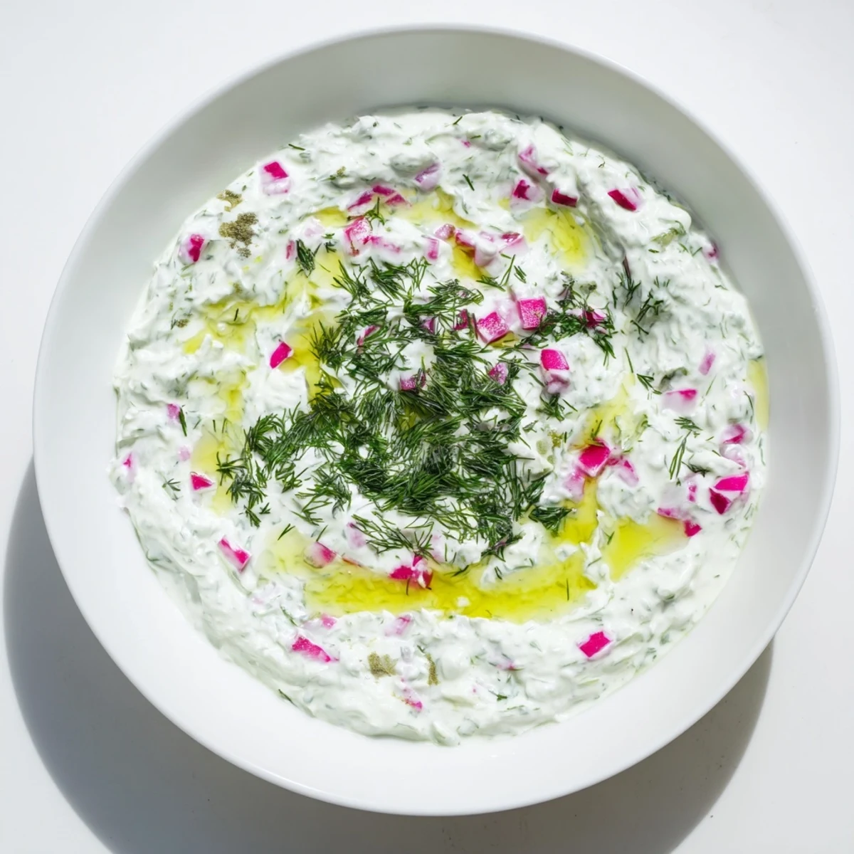 Vibrant healthy radish tzatziki dip with crisp grated vegetables and aromatic herbs visible