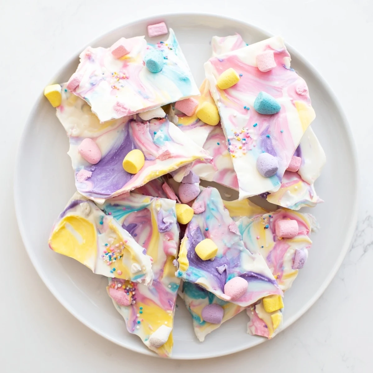 Broken pieces of colorful Easter Marshmallow Bark showing swirled marshmallows and sweet festive decorations