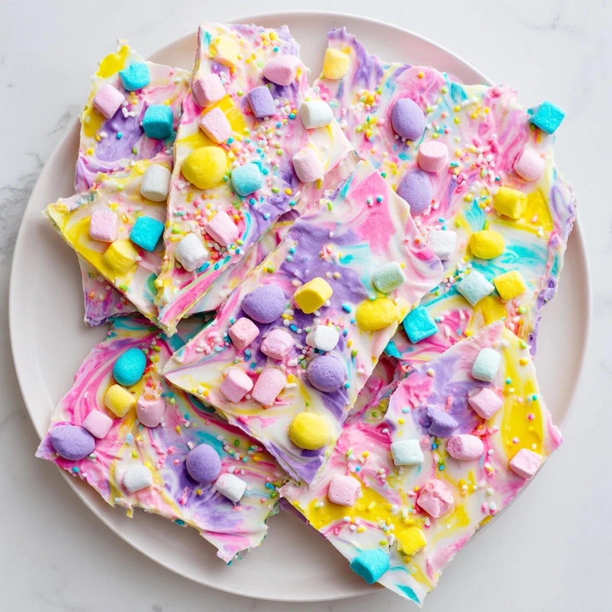 Homemade Easter Marshmallow Bark arranged on a serving platter ready for spring holiday celebrations