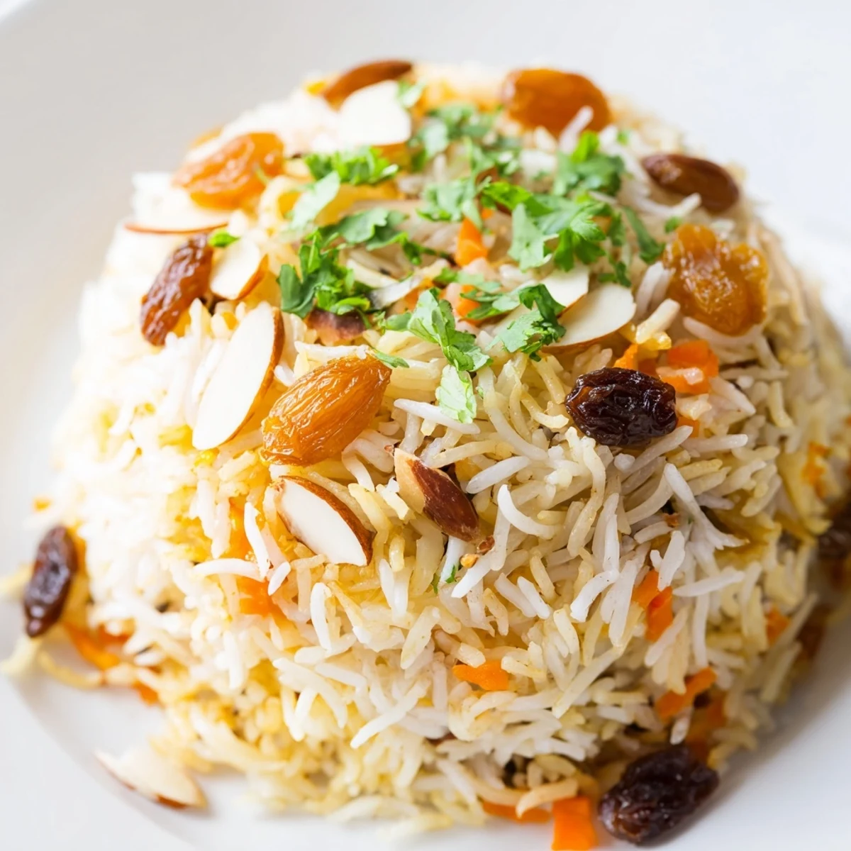 Golden Afghan rice topped with caramelized carrots, plump raisins, and toasted almonds in a colorful presentation