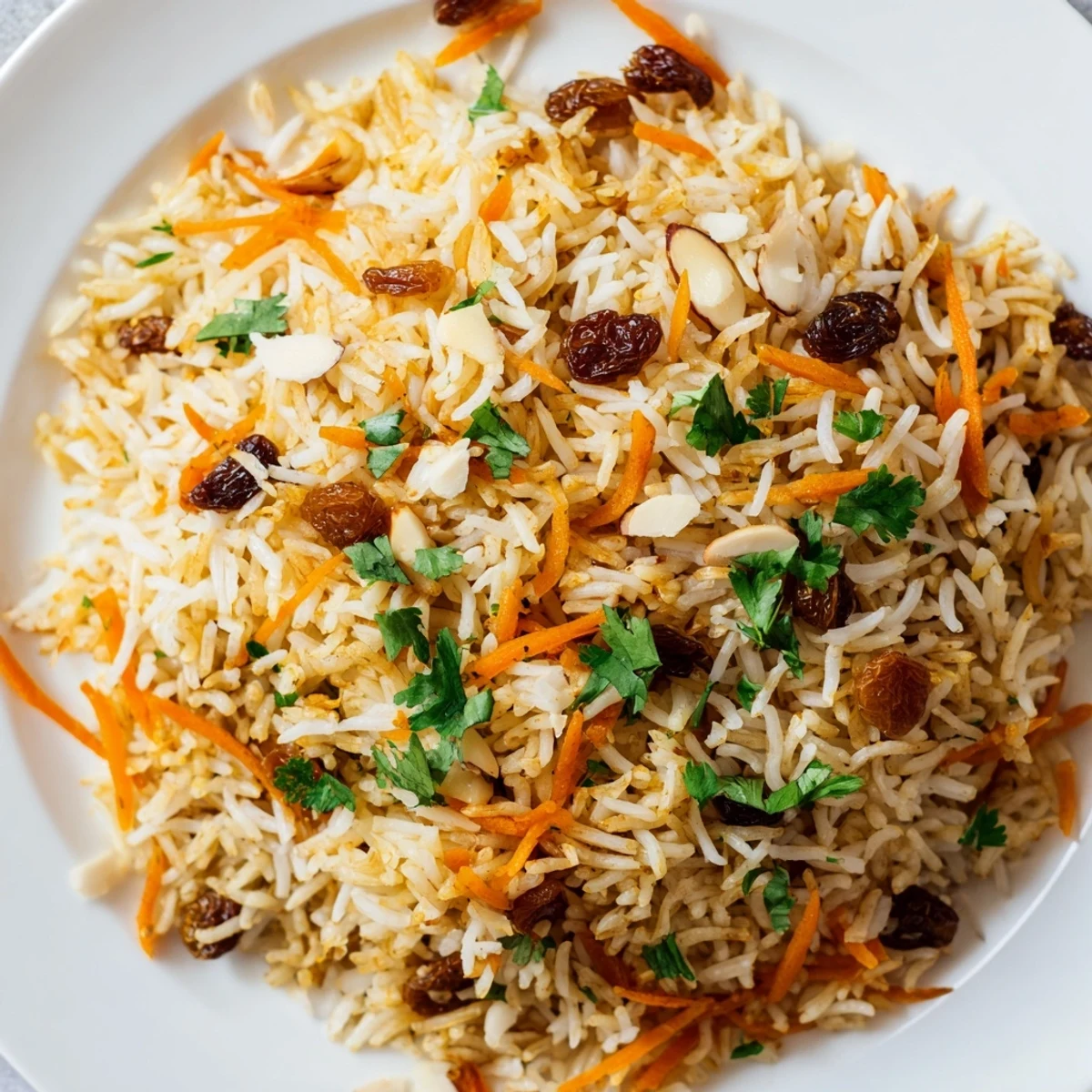 Fragrant Afghan rice studded with warm spices and sweet carrots piled high on a white serving platter