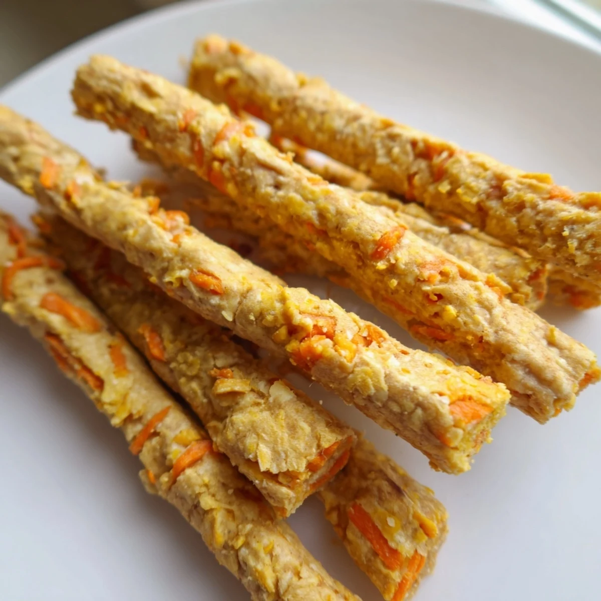 Golden brown carrot and apple dog chew sticks arranged on a rustic parchment-lined baking sheet ready for treating