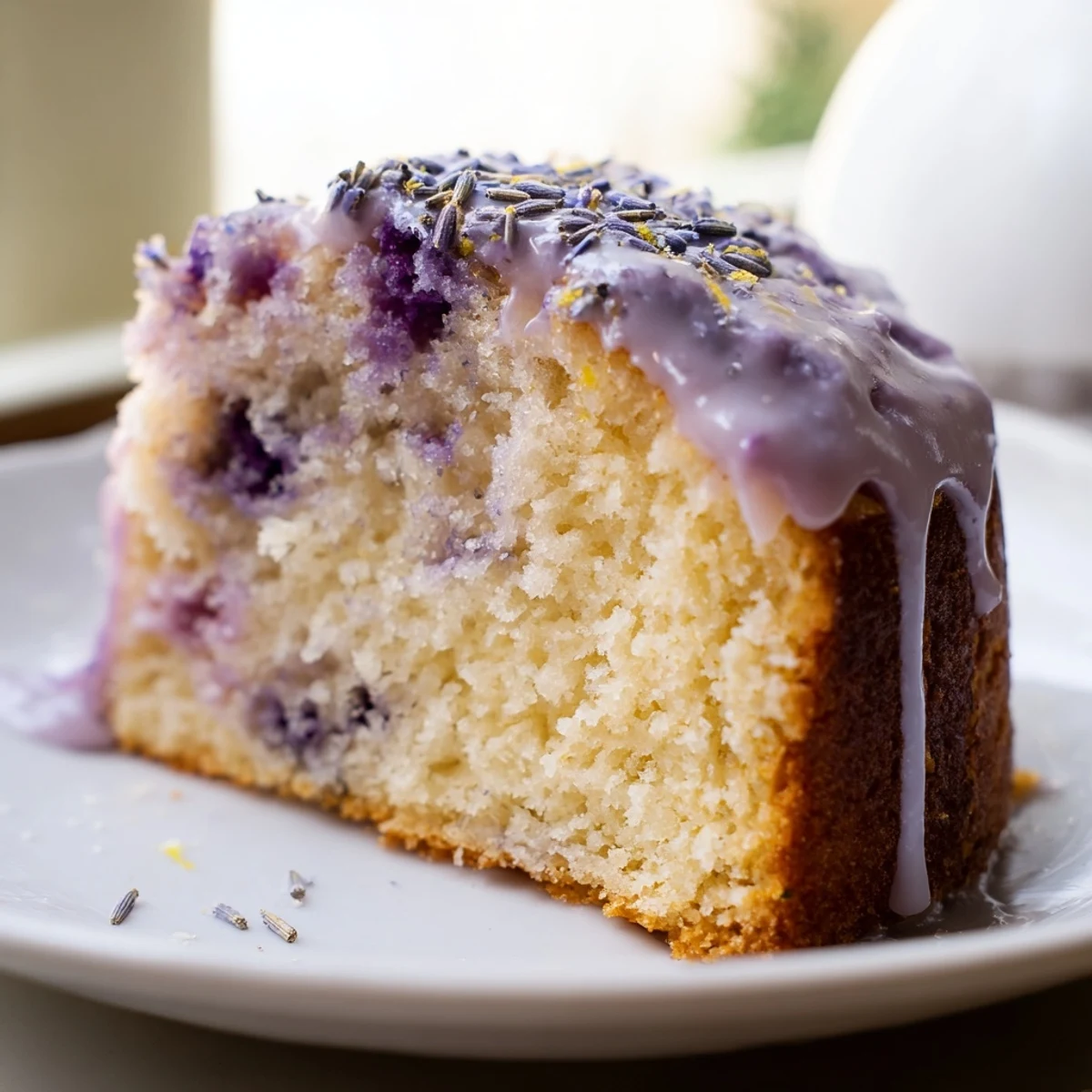 Lavender cake with lemon glaze drizzled over a tender, golden crumb