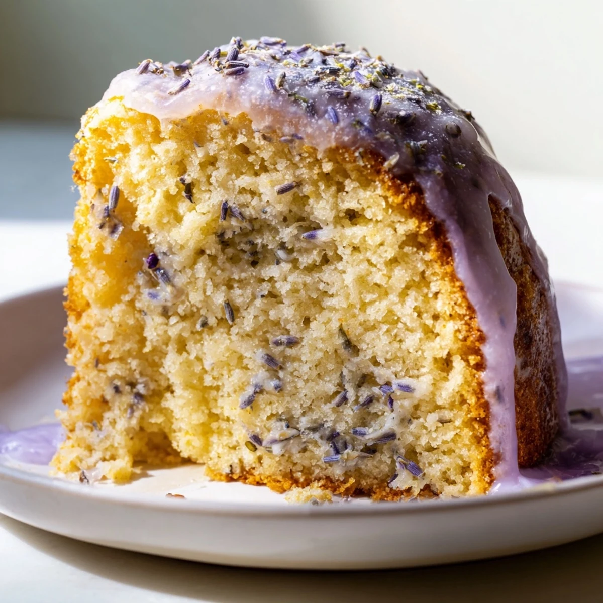 Soft lavender cake topped with sweet citrus icing on a white plate