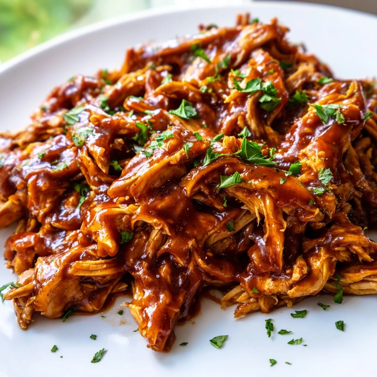 Tender Sweet Baby Ray's crockpot chicken glistening with rich, sticky barbecue sauce on a white plate