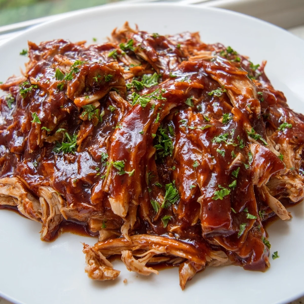 Savory Sweet Baby Ray's crockpot chicken shredded and coated in glossy, caramelized BBQ glaze