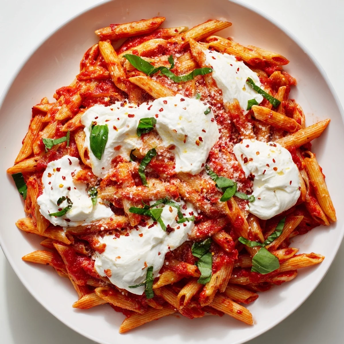 Creamy tomato garlic ricotta penne topped with fresh basil and Parmesan cheese