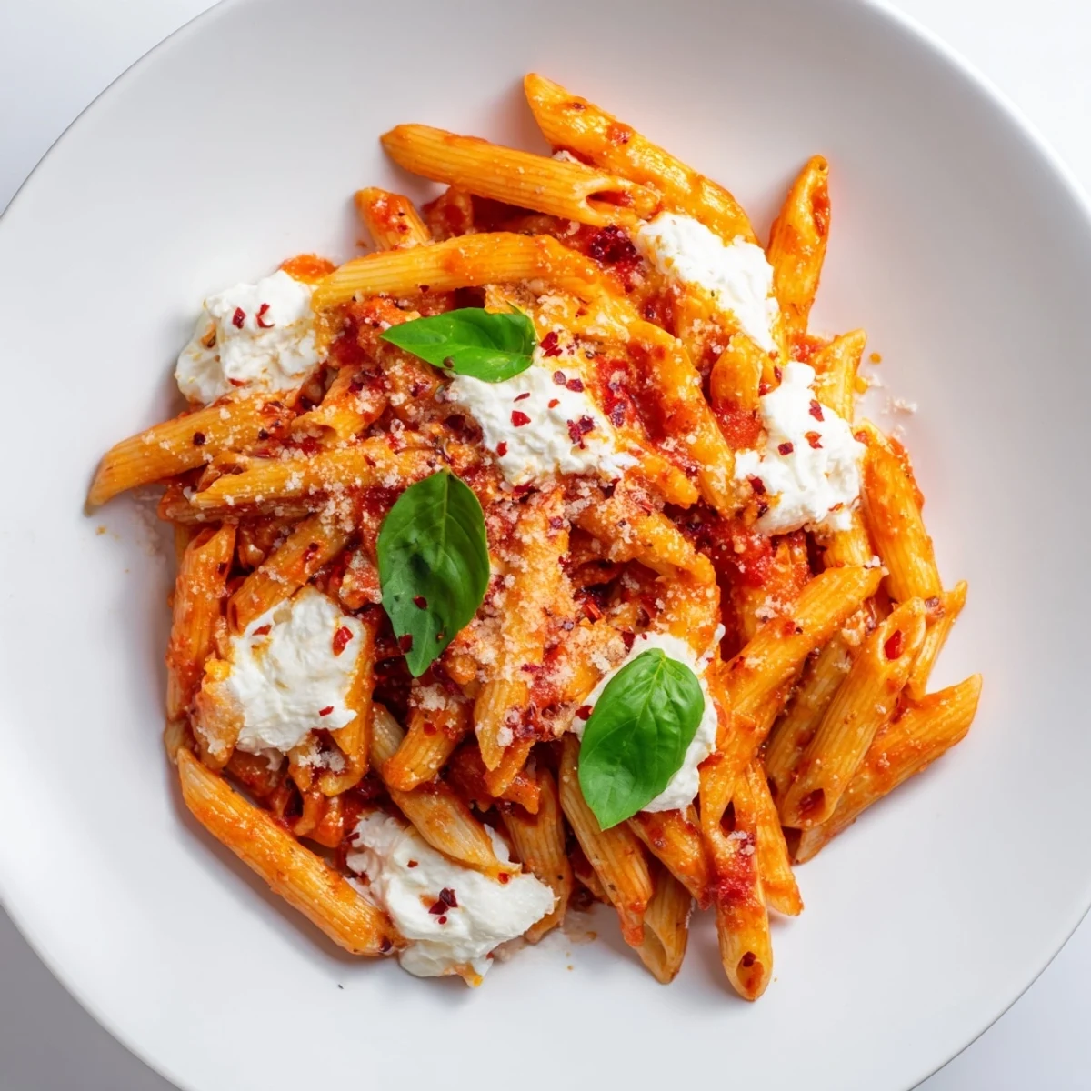 Tender penne coated in rich tomato garlic sauce with fluffy ricotta swirls