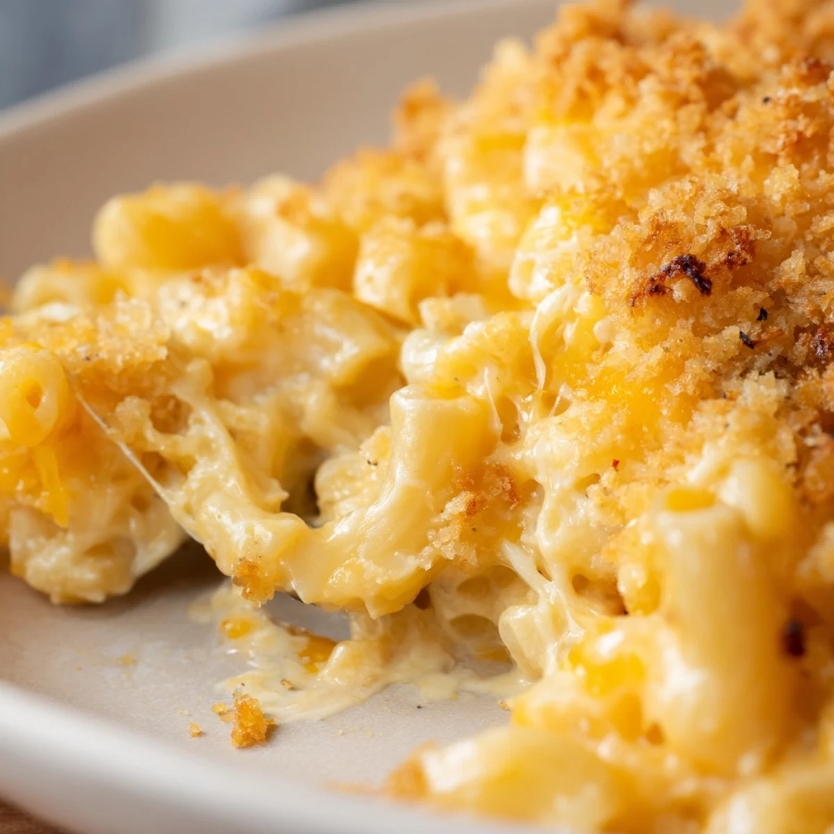 Golden bubbling three cheese baked macaroni with crispy panko topping fresh from oven