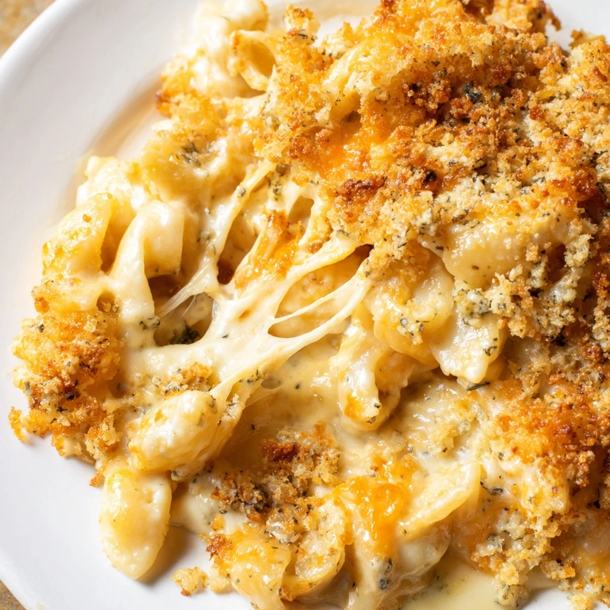 Creamy three cheese baked macaroni topped with melted mozzarella and golden breadcrumbs