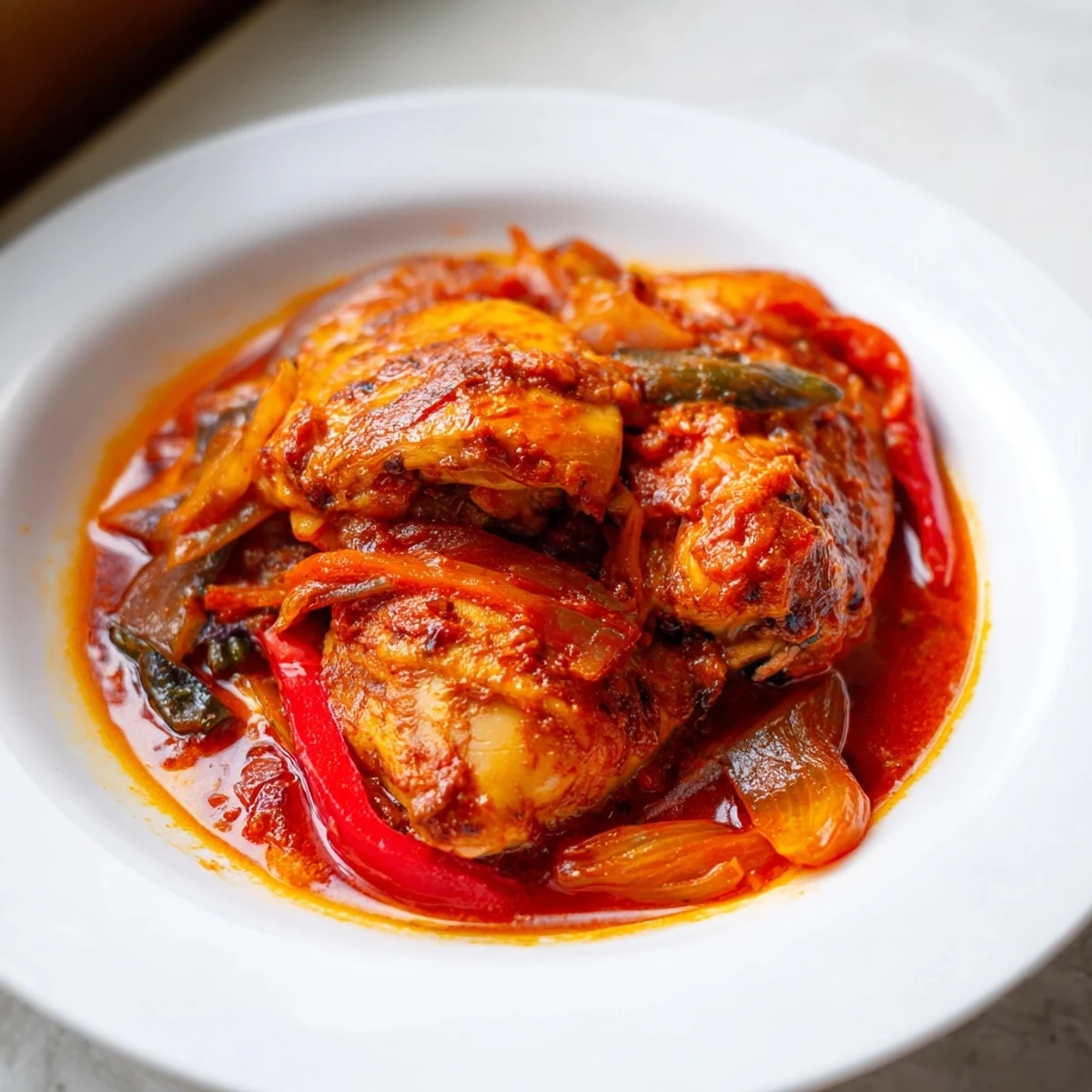 Senegalese chicken simmered in rich tomato sauce with colorful bell peppers