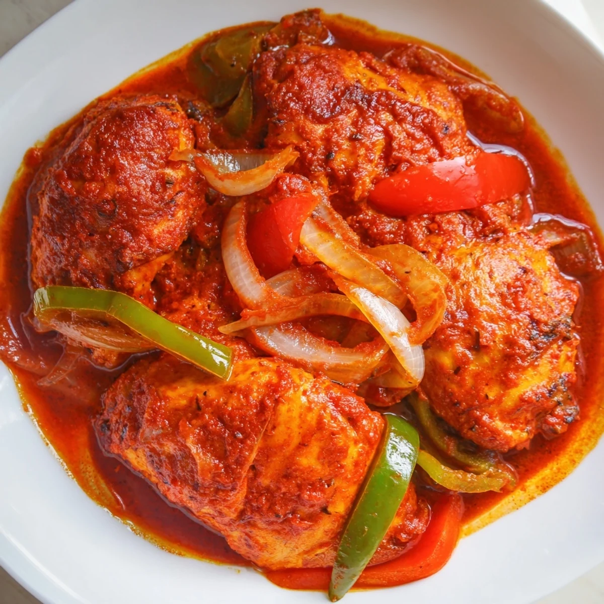 Tender Senegalese chicken served over fluffy white rice with aromatic sauce