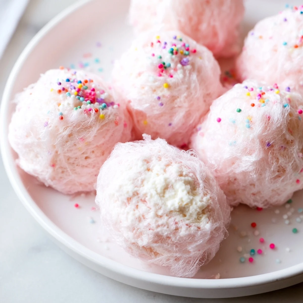 Pink cotton candy cheesecake puff balls arranged on a white serving platter with edible glitter sprinkles