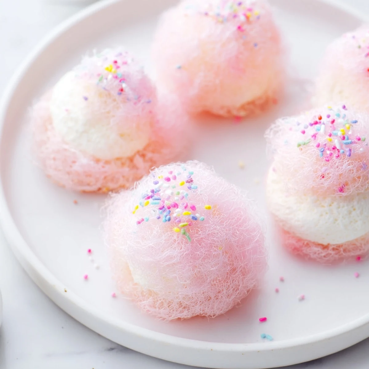 Creamy cheesecake filling peeking through fluffy pastel cotton candy coating on bite-sized dessert balls