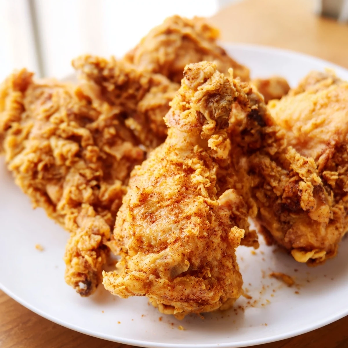 Crispy golden fried chicken pieces with crunchy coating served on a white platter