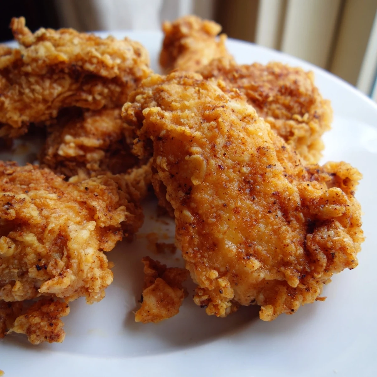 Juicy fried chicken with spiced crust resting on wire rack after deep frying
