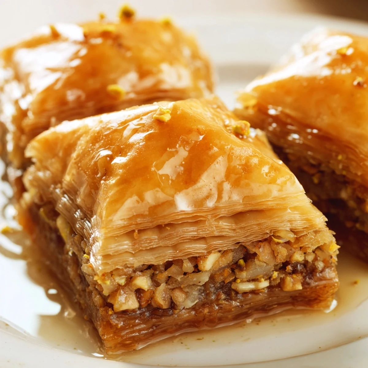 Golden Bosnian baklava with spiced walnuts and honey syrup on a decorative plate