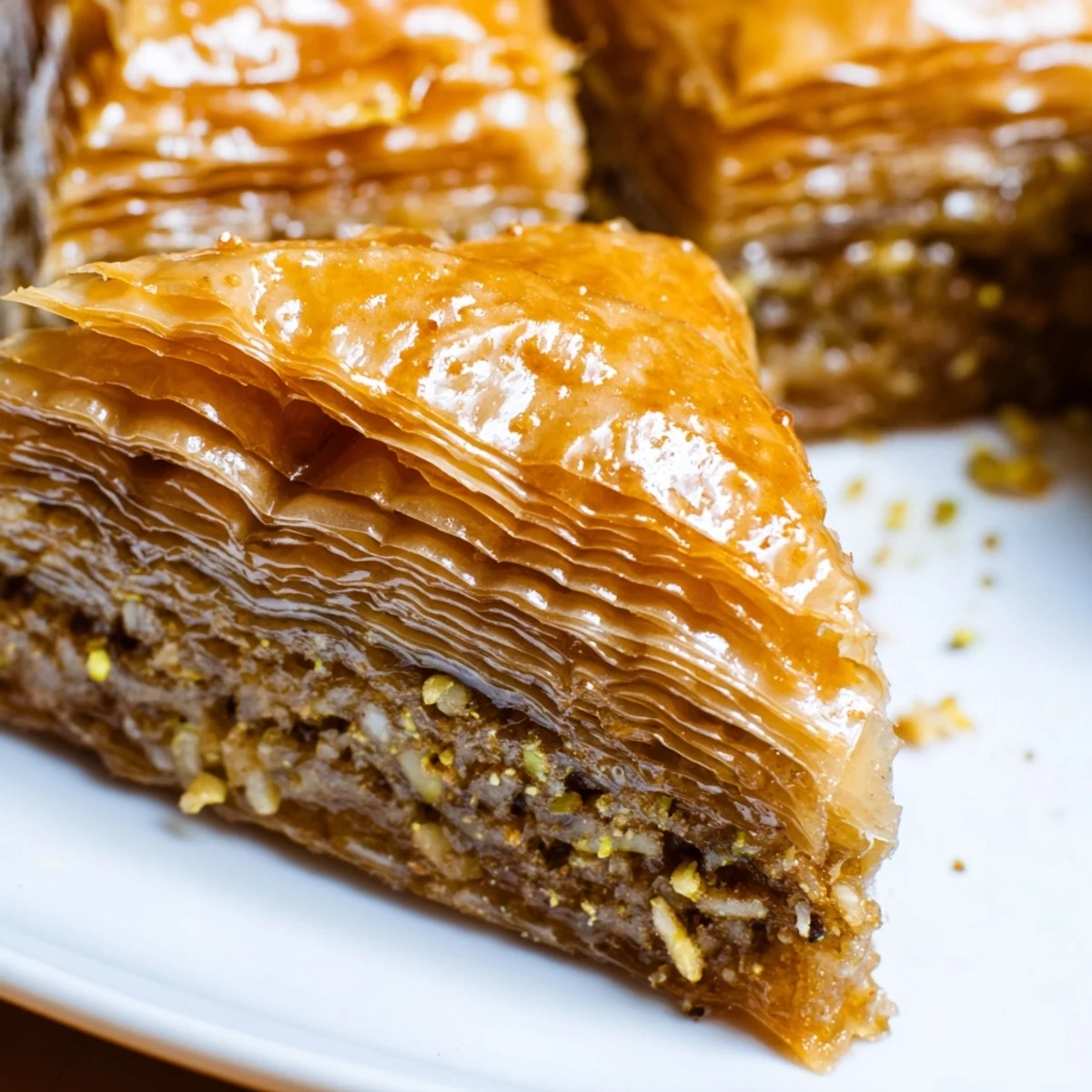 Bosnian baklava diamonds dripping with sweet syrup and sprinkled with crushed pistachios