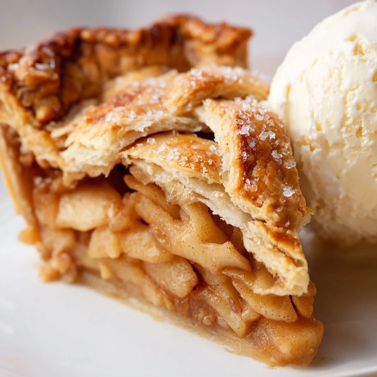 Golden homemade apple pie with flaky crust served warm on a rustic ceramic plate