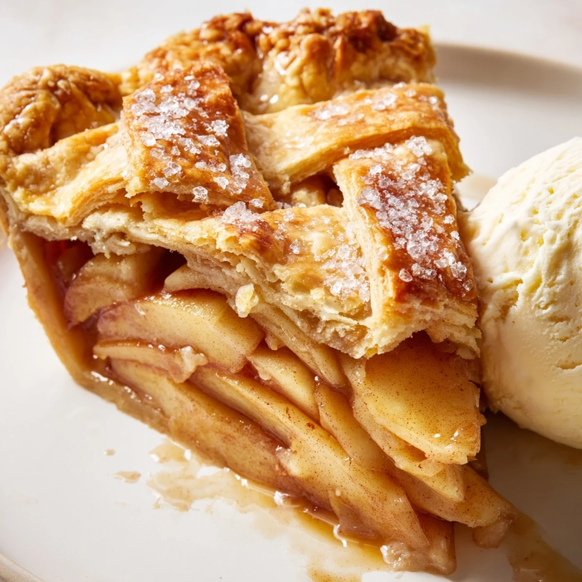 Classic apple pie slice revealing tender cinnamon spiced apples under a buttery lattice crust