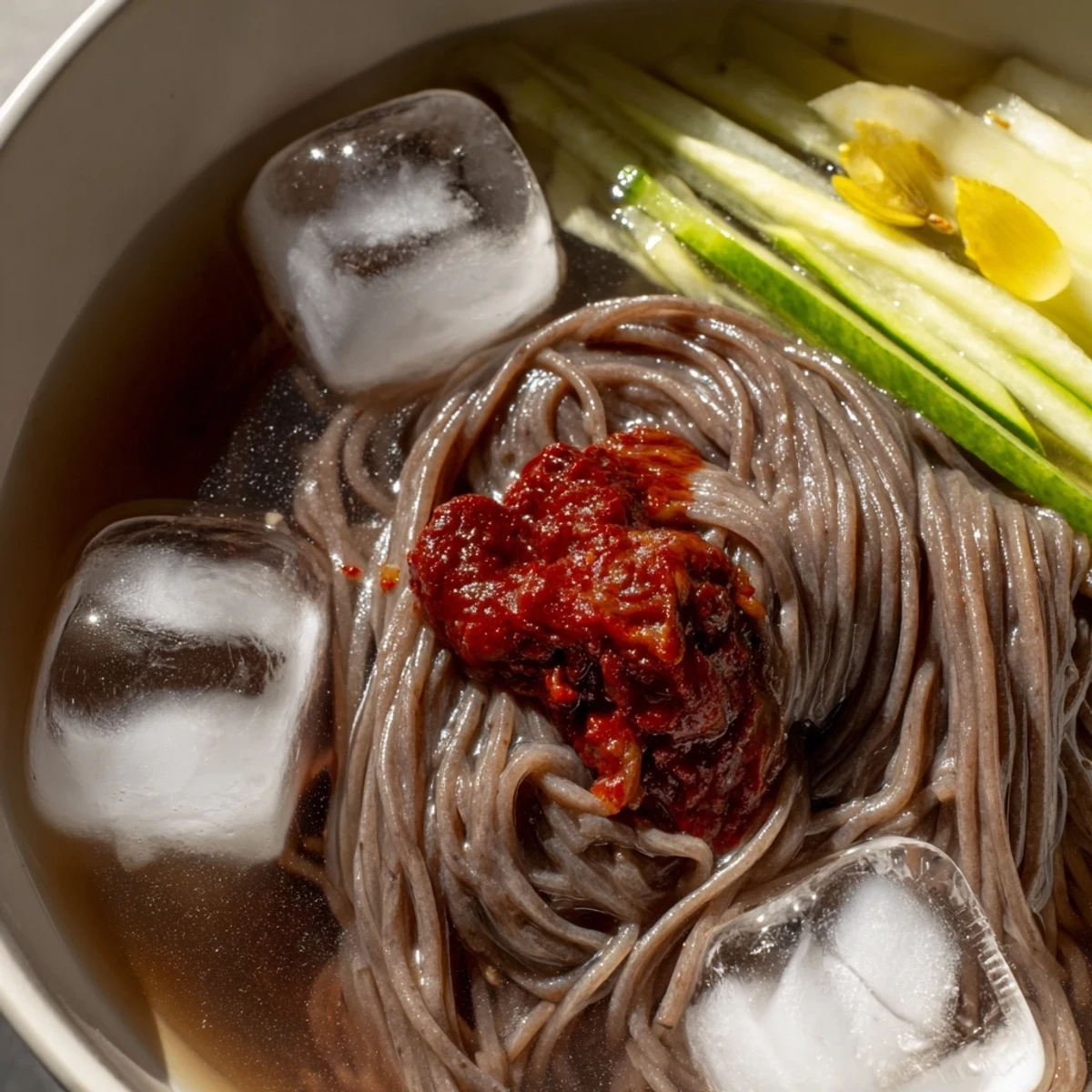 Chewy Korean naengmyeon noodles in icy tangy broth topped with sliced beef and egg