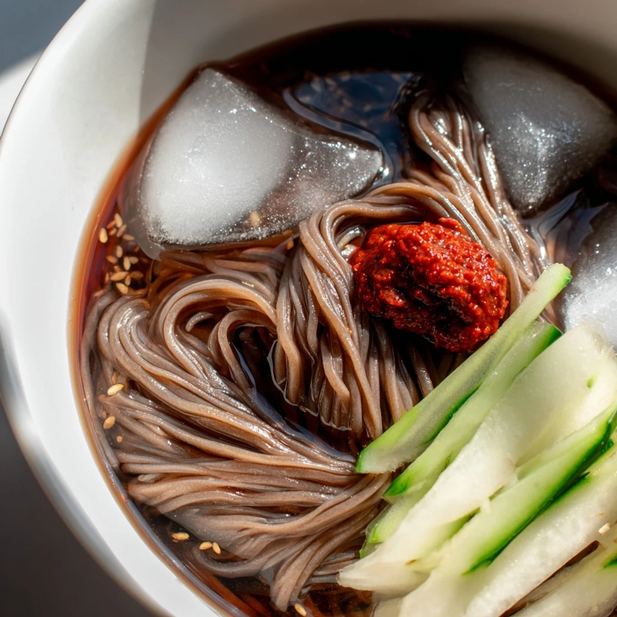 Cold Korean naengmyeon soup with buckwheat noodles crisp cucumber and Asian pear slices