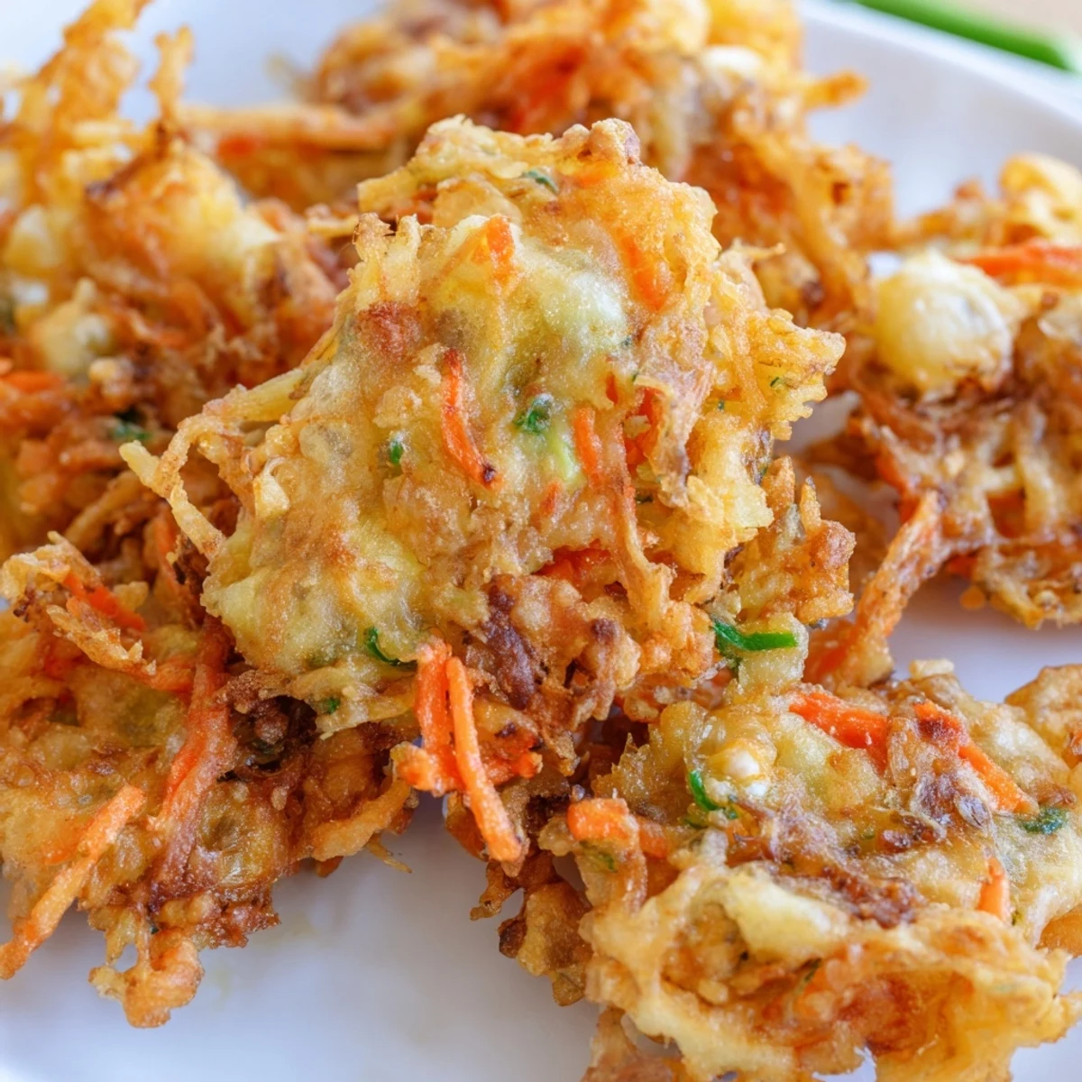 Golden crispy Ukoy Filipino shrimp fritters piled on a white serving plate with vinegar dipping sauce