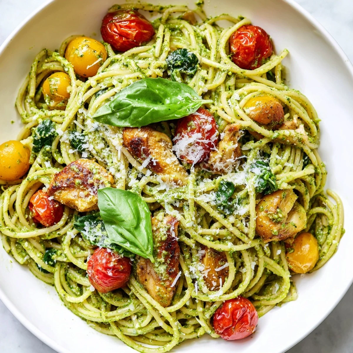 Creamy light pesto pasta with chicken topped with fresh basil and Parmesan