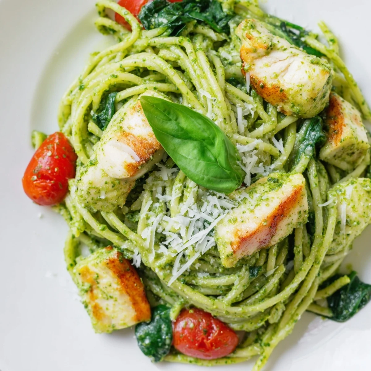Light pesto pasta with chicken tossed in vibrant green basil sauce on a white plate