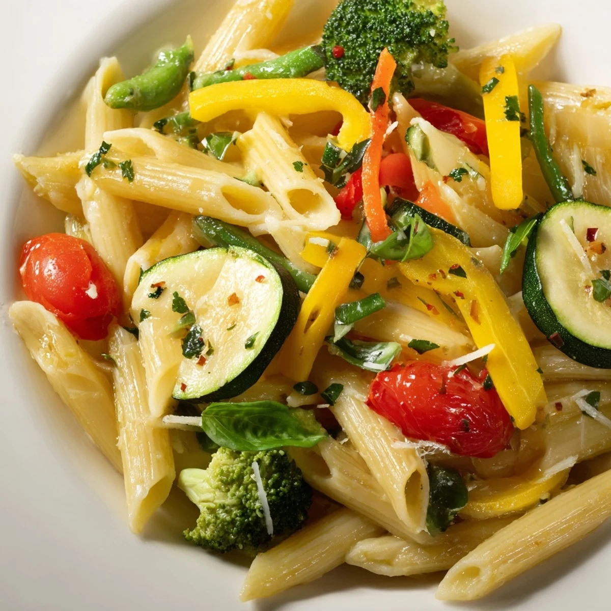 A steaming plate of Pasta Primavera loaded with colorful crisp spring vegetables and fresh herbs