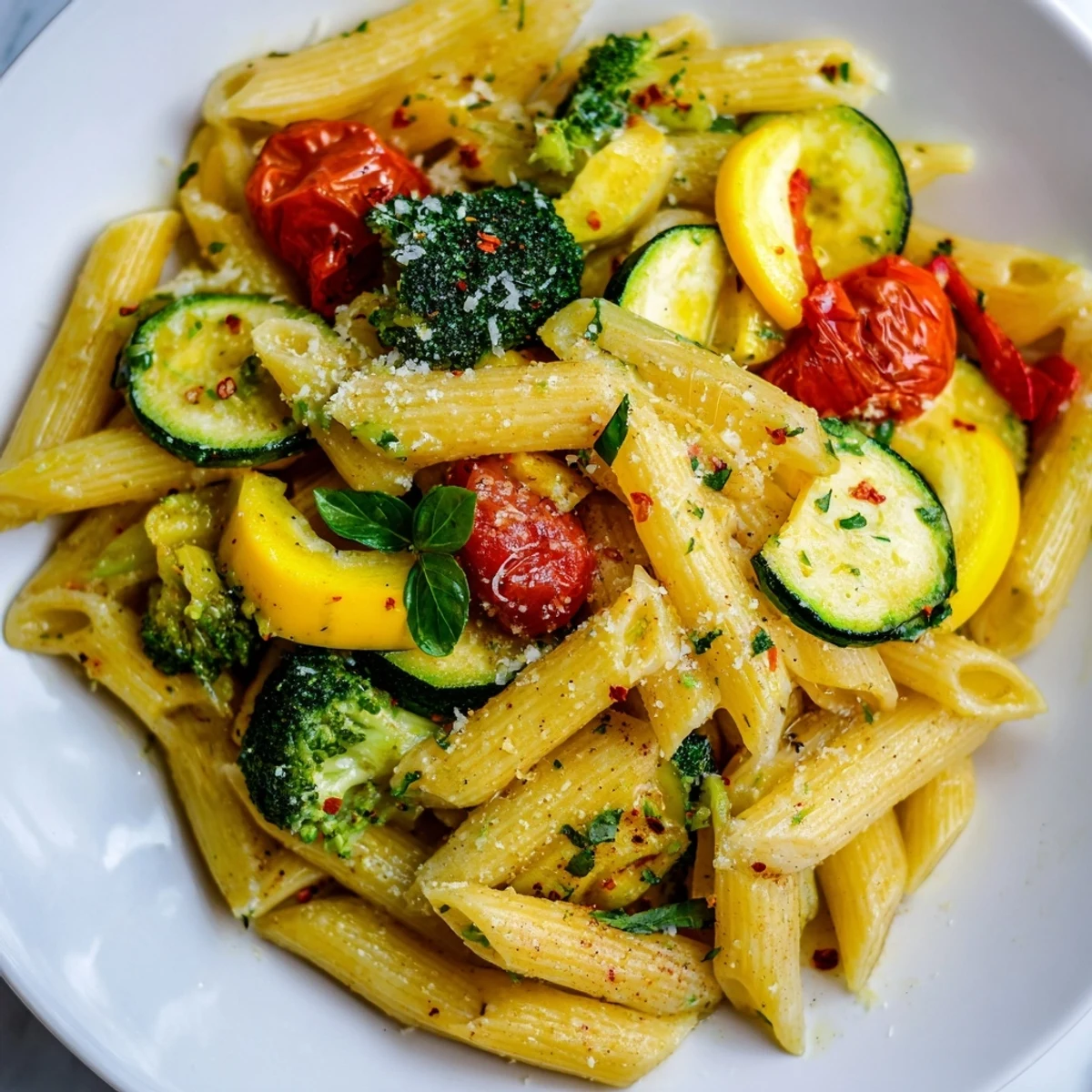 Creamy Parmesan-coated Pasta Primavera garnished with basil and served in a rustic white bowl