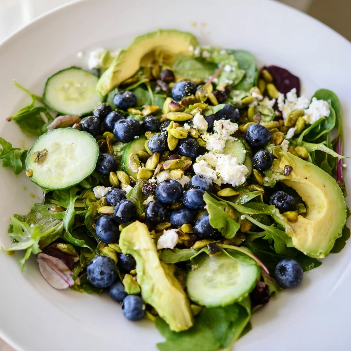 Fresh Blueberry Pistachio Spring Salad drizzled with bright lemon honey mustard dressing on a platter