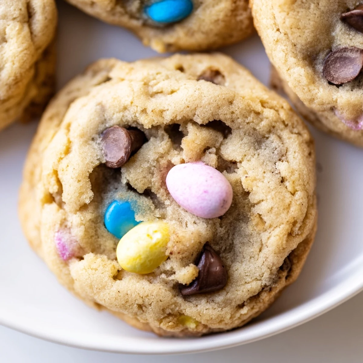 Soft Cadbury Egg Cookies with golden edges and colorful candy pieces on a rustic baking sheet