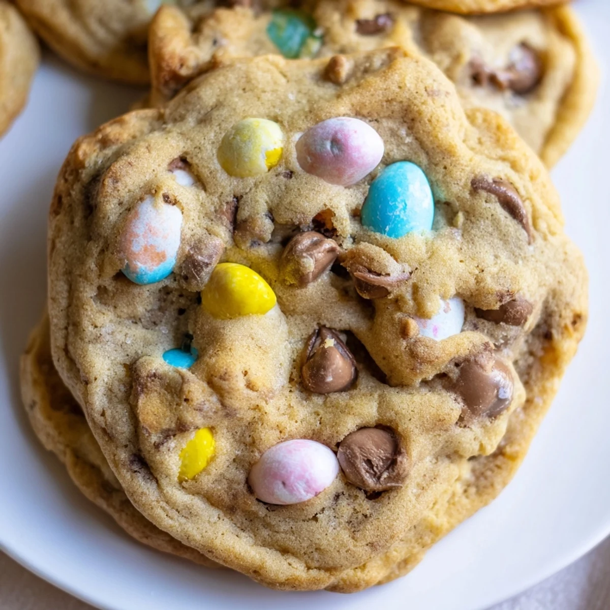 Chewy Cadbury Egg Cookies loaded with chocolate chips and pastel egg chunks close-up