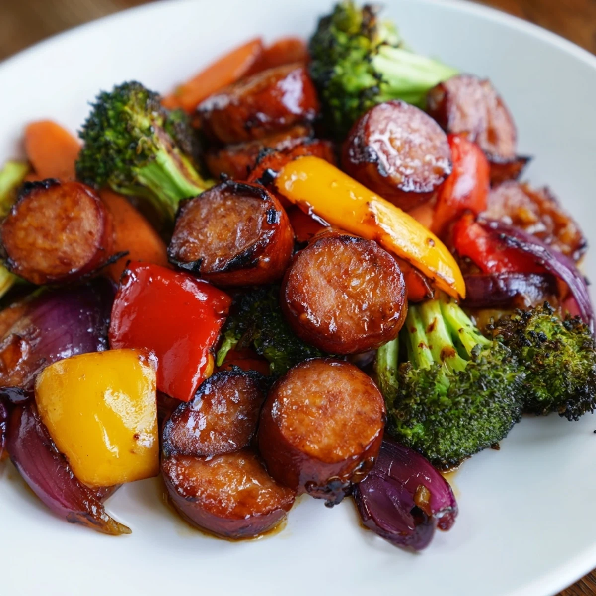 Glossy honey garlic kielbasa roasted with colorful tender vegetables on a sheet pan