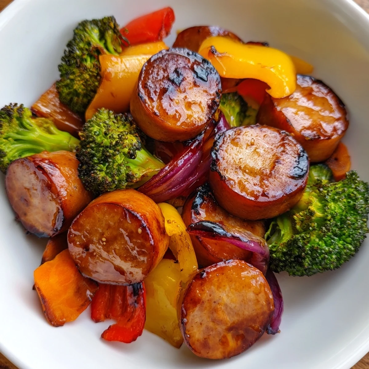 One pan honey garlic kielbasa with roasted carrots and vibrant veggies ready to serve