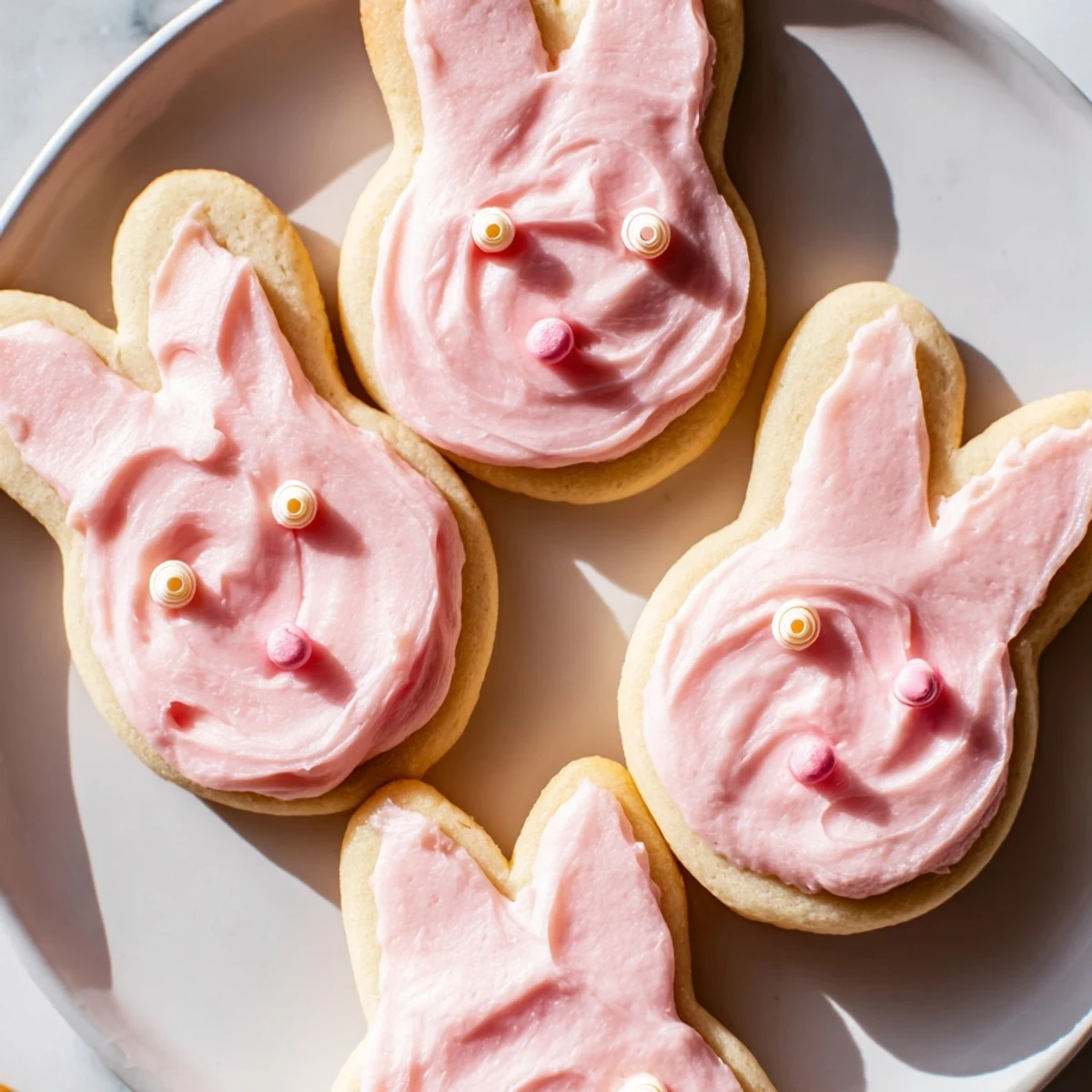 Adorable Buttercream Bunny Cookies decorated with pastel frosting and sweet candy faces on a rustic serving board.
