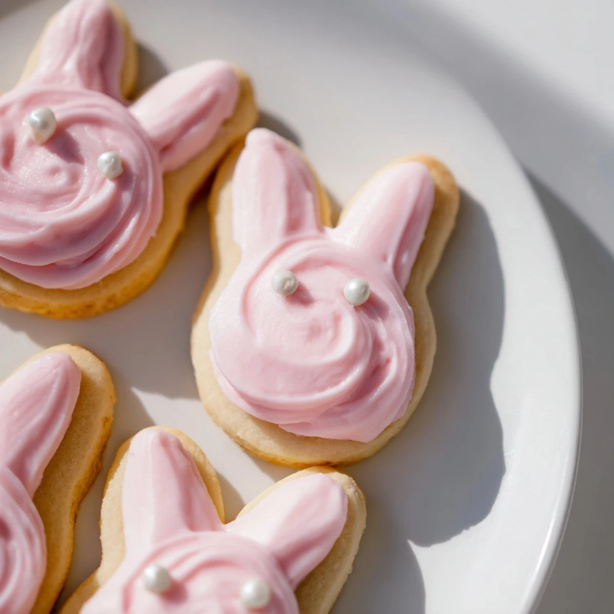 Chewy buttery bunny-shaped sugar cookies topped with swirls of creamy homemade buttercream frosting in soft spring colors.