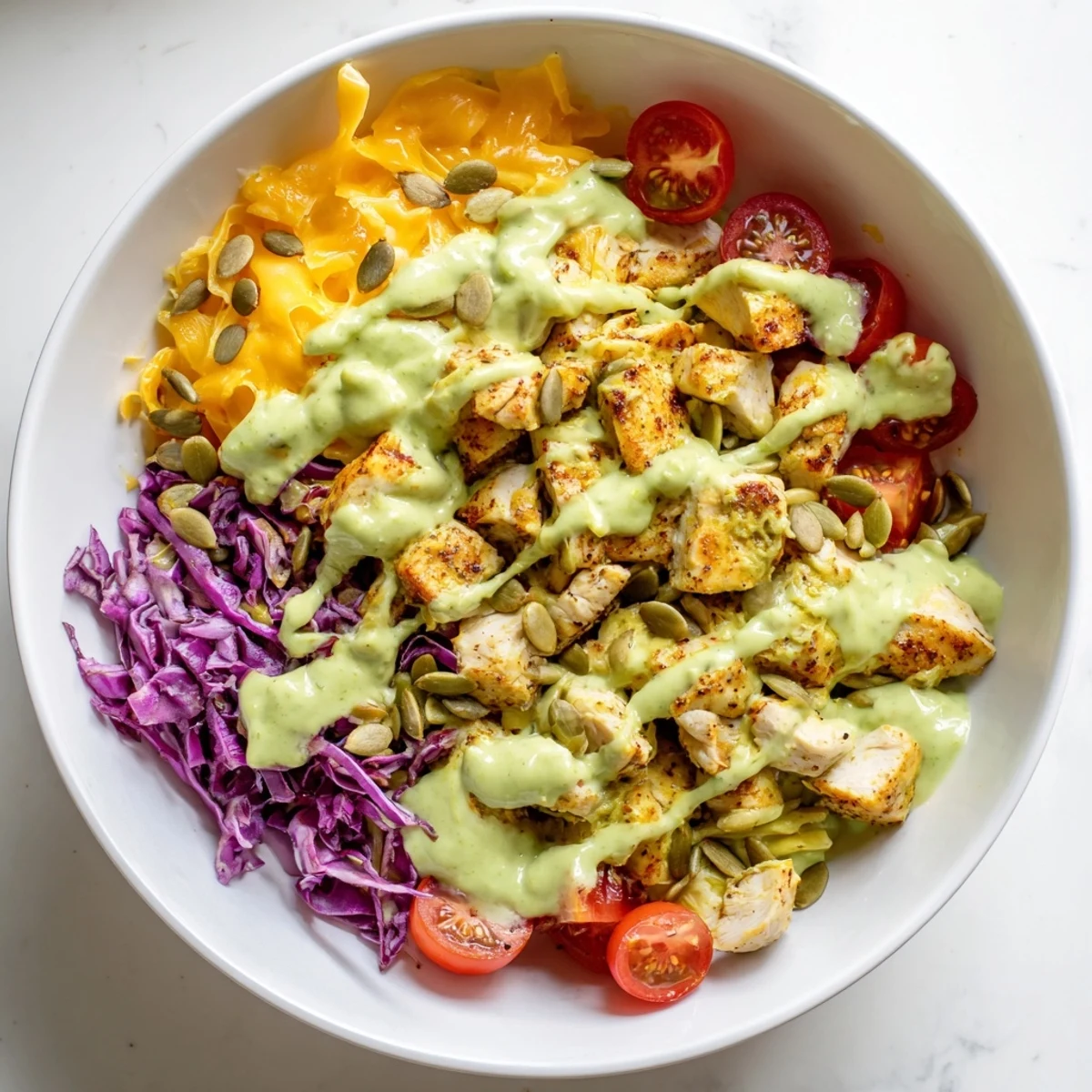 Colorful keto bowls loaded with fresh vegetables, seasoned chicken, and creamy avocado dressing