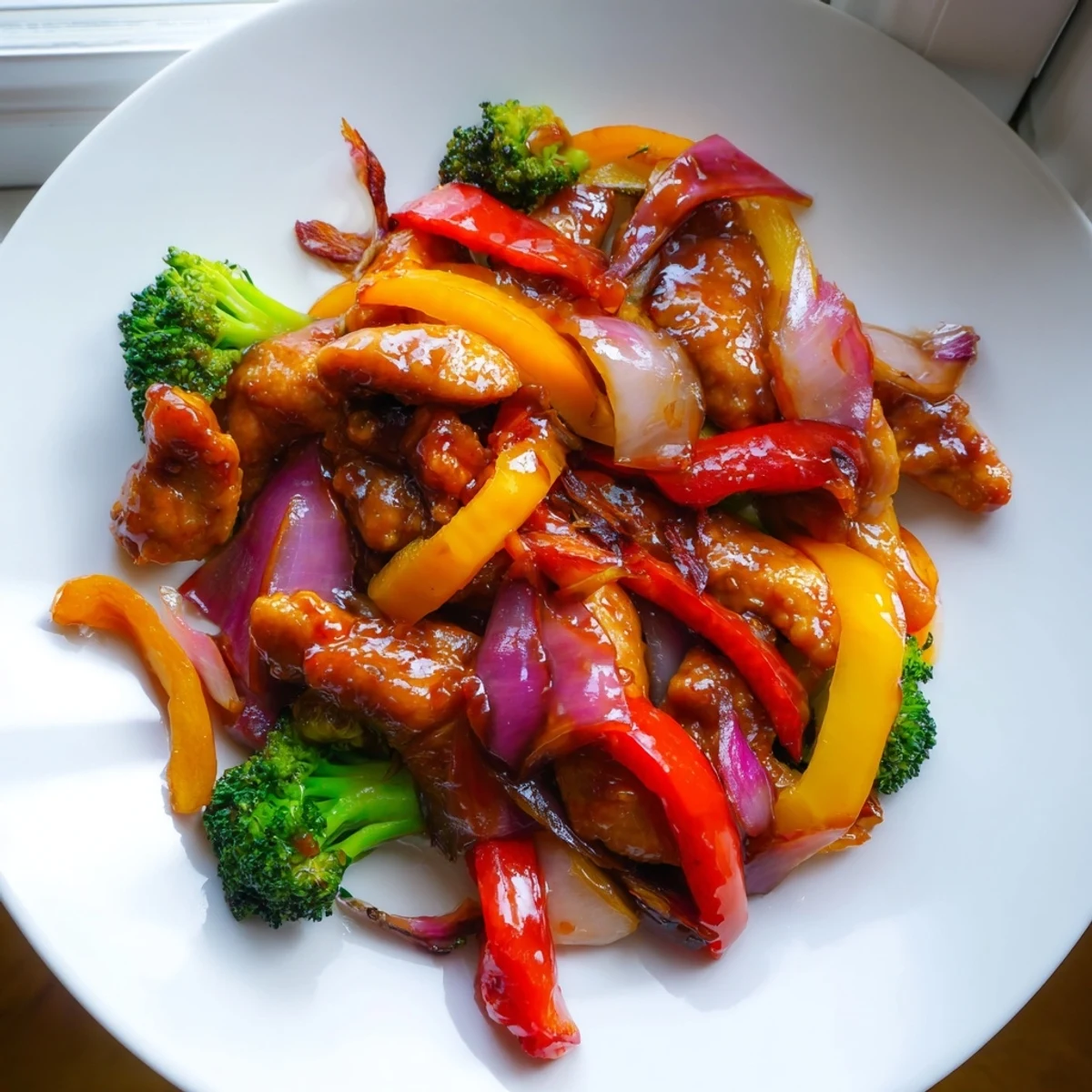Colorful chicken and vegetable stir fry sizzling in a glossy sauce over fluffy white rice