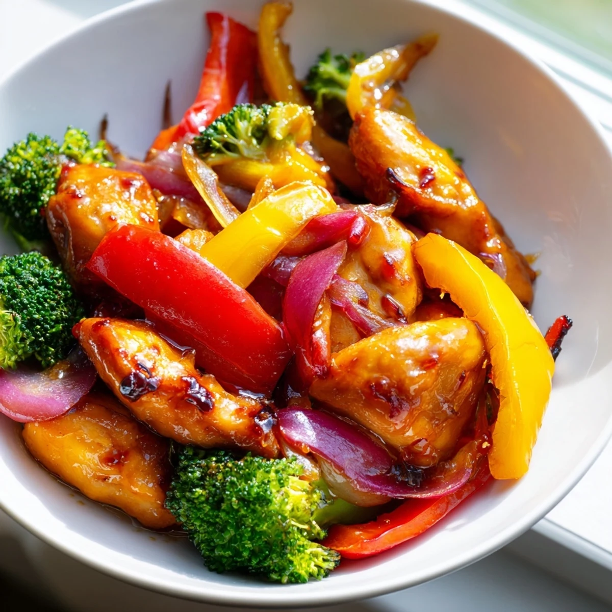Quick flavorful weeknight meal served in bowls with vibrant bell peppers and tender broccoli