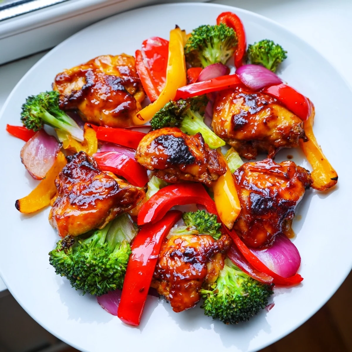 Honey soy chicken stir fry with crisp vegetables garnished with fresh green onion tops