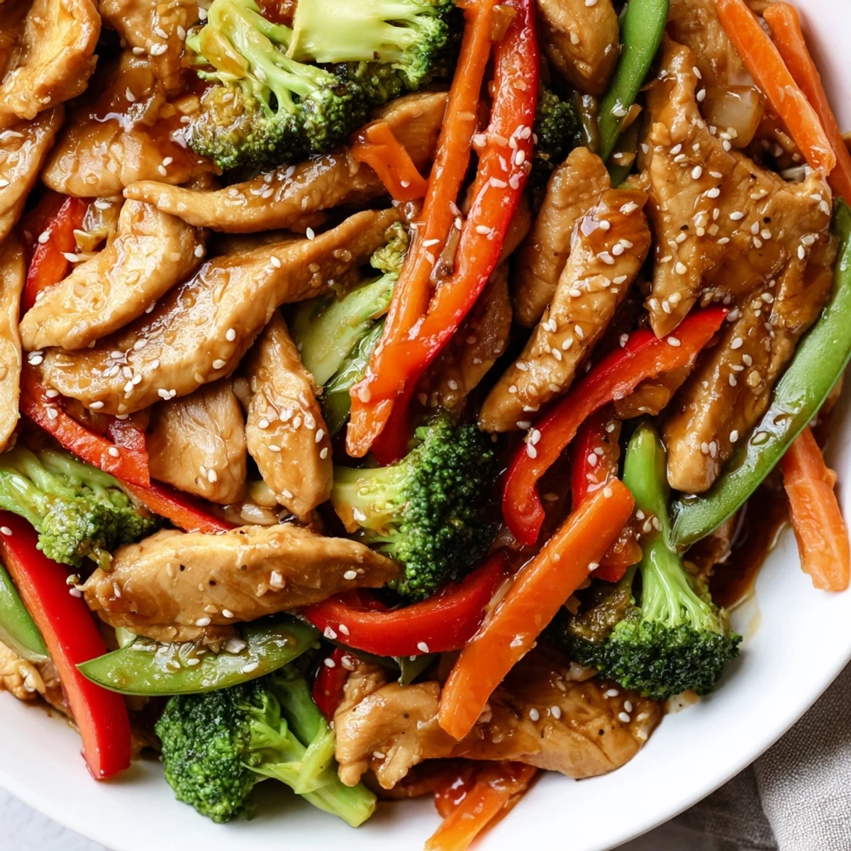 Sesame soy chicken stir fry in a wok with colorful crisp vegetables and glossy sauce